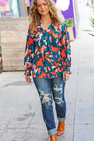 Explore More Collection - All I Ask Teal Floral Abstract Print V Neck Smocked Top