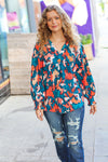 Explore More Collection - All I Ask Teal Floral Abstract Print V Neck Smocked Top