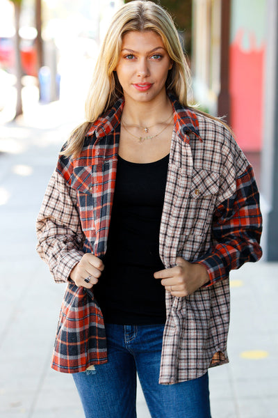 Explore More Collection - Calling On You Rust & Taupe Plaid Color Block Shacket