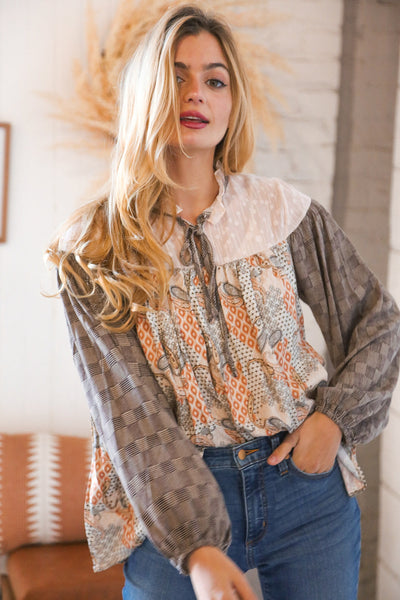 Explore More Collection - Taupe Paisley Print Houndstooth Mock Neck Top