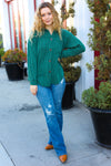 Explore More Collection - Holiday Pine Green Ribbed Button Down Shacket