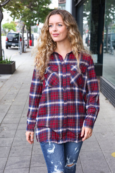 Explore More Collection - Make a Move Cabernet Plaid Button Down Long Sleeve Top