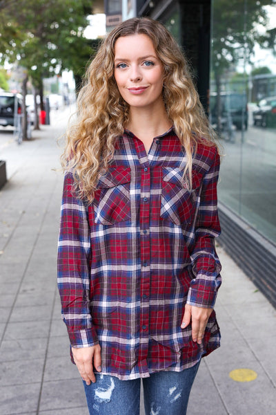 Explore More Collection - Make a Move Cabernet Plaid Button Down Long Sleeve Top