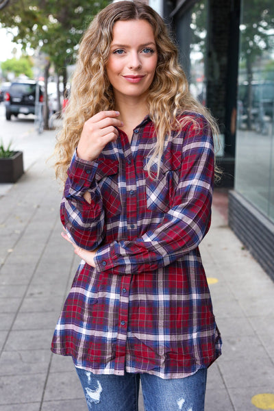 Explore More Collection - Make a Move Cabernet Plaid Button Down Long Sleeve Top