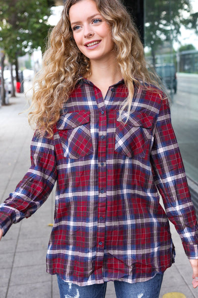 Explore More Collection - Make a Move Cabernet Plaid Button Down Long Sleeve Top