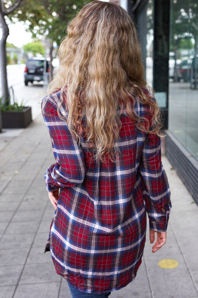 Explore More Collection - Make a Move Cabernet Plaid Button Down Long Sleeve Top