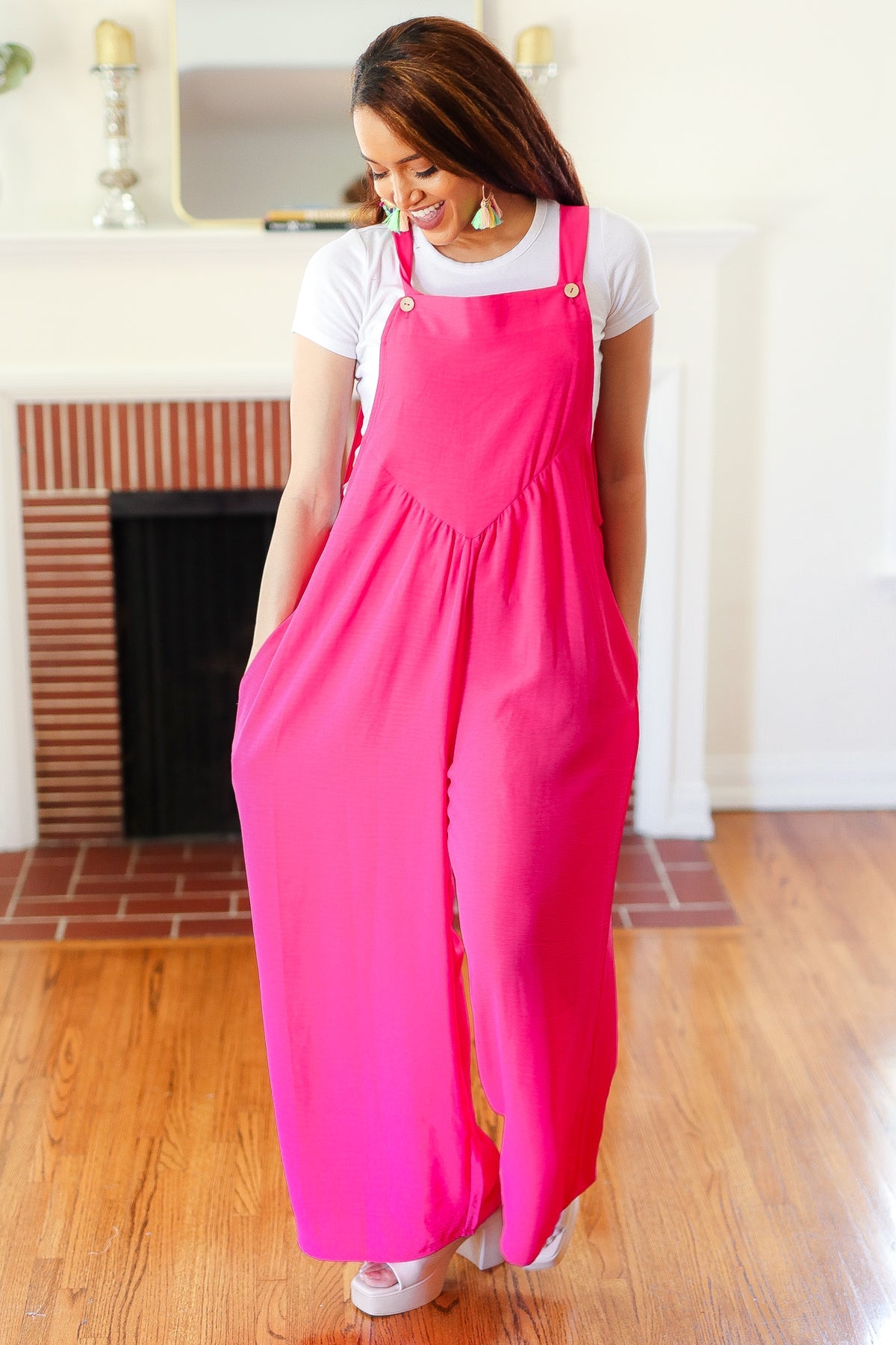 Explore More Collection - Summer Dreaming Pink Wide Leg Suspender Overall Jumpsuit