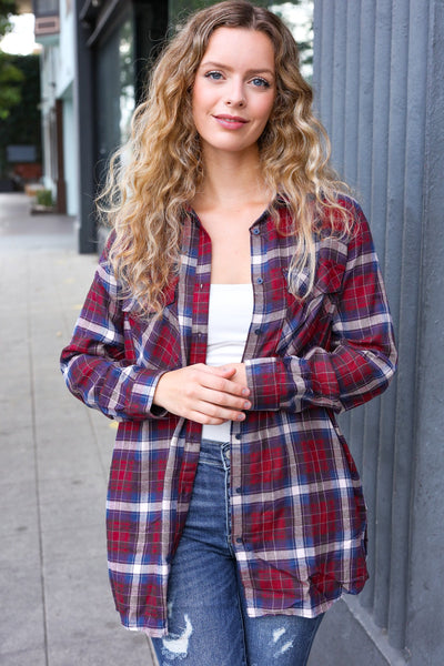 Explore More Collection - Make a Move Cabernet Plaid Button Down Long Sleeve Top