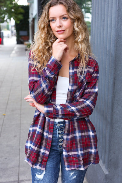 Explore More Collection - Make a Move Cabernet Plaid Button Down Long Sleeve Top