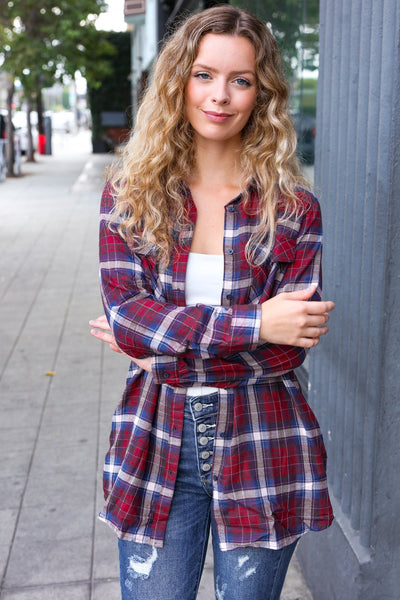 Explore More Collection - Make a Move Cabernet Plaid Button Down Long Sleeve Top