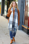 Explore More Collection - Keep Me Cozy Charcoal Grey Check Fringe Scarf