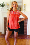 Explore More Collection - Orange-Red Embroidery Lace Edge Yoke Top