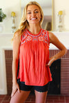 Explore More Collection - Orange-Red Embroidery Lace Edge Yoke Top