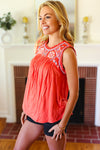 Explore More Collection - Orange-Red Embroidery Lace Edge Yoke Top