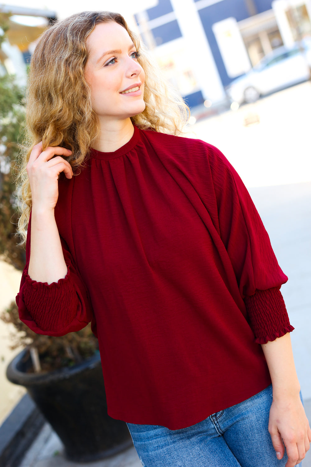 Explore More Collection - Bold Dreams Wine Smocked Three Quarter Sleeve Tie Back Top