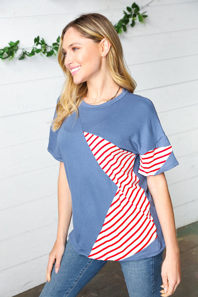 Explore More Collection - Red Striped Star Detail French Terry Patriotic Top