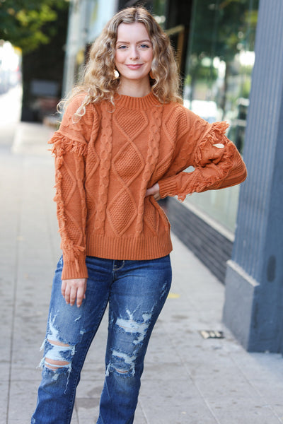 Explore More Collection - Joyful Days Rust Cable Knit Tassel Fringe Sweater