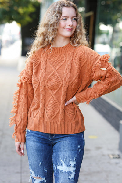 Explore More Collection - Joyful Days Rust Cable Knit Tassel Fringe Sweater