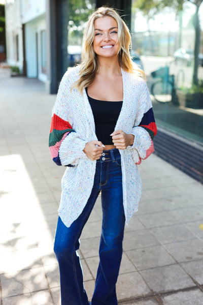 Explore More Collection - Ivory Multicolor Mixed Thread Bubble Sleeve Cardigan