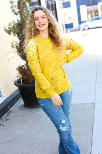 Explore More Collection - Feeling Fun Mustard Pointelle Lace Shoulder Knit Sweater