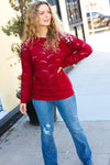 Explore More Collection - Feeling Fun Burgundy Pointelle Lace Shoulder Knit Sweater
