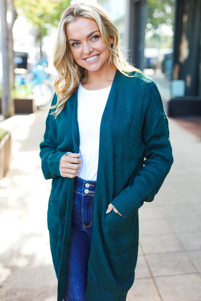 Explore More Collection - Hunter Green Striped Knit Open Cardigan