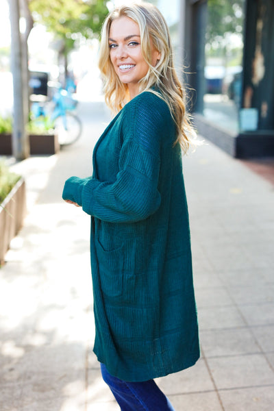 Explore More Collection - Hunter Green Striped Knit Open Cardigan