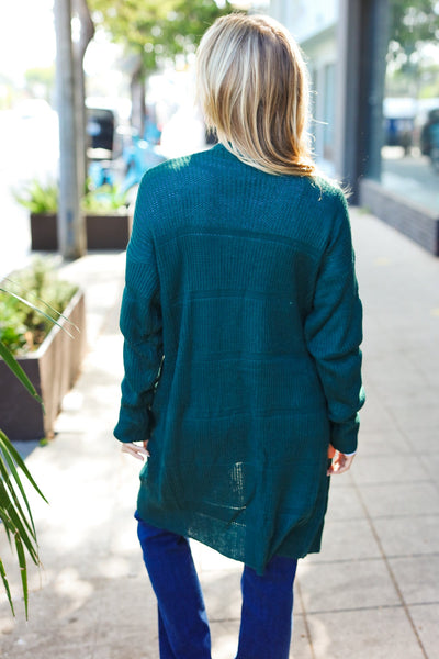 Explore More Collection - Hunter Green Striped Knit Open Cardigan