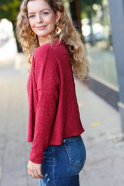 Explore More Collection - Stay Awhile Red Ribbed Dolman Cropped Sweater