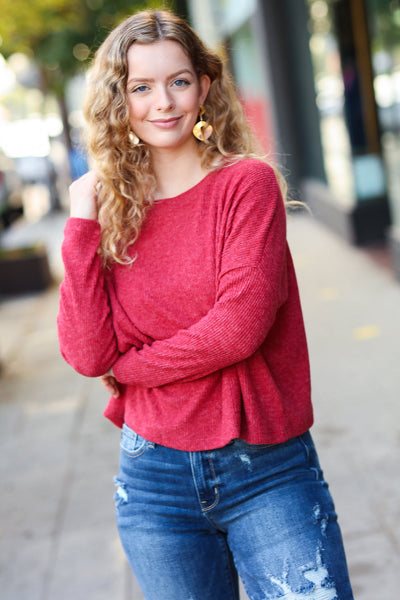 Explore More Collection - Stay Awhile Red Ribbed Dolman Cropped Sweater