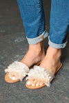 Explore More Collection - Blush Linen Fray Beaded Faux Pearl Slide Sandal