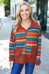 Explore More Collection - Rust & Teal Striped Two Tone Knit Pocketed Top