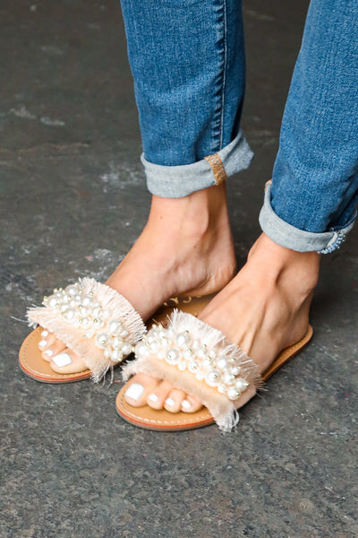 Explore More Collection - Blush Linen Fray Beaded Faux Pearl Slide Sandal