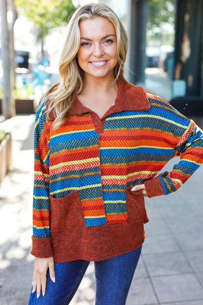 Explore More Collection - Rust & Teal Striped Two Tone Knit Pocketed Top