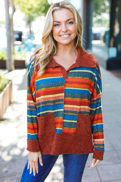 Explore More Collection - Rust & Teal Striped Two Tone Knit Pocketed Top