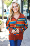 Explore More Collection - Rust & Teal Striped Two Tone Knit Pocketed Top