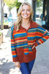 Explore More Collection - Rust & Teal Striped Two Tone Knit Pocketed Top