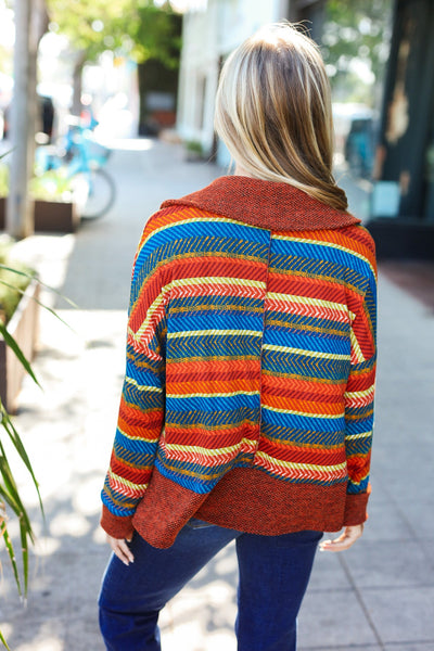 Explore More Collection - Rust & Teal Striped Two Tone Knit Pocketed Top