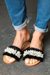 Explore More Collection - Black Linen Fray Beaded Faux Pearl Slide Sandal