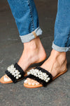 Explore More Collection - Black Linen Fray Beaded Faux Pearl Slide Sandal