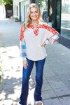 Explore More Collection - Rust & Oatmeal Plaid Floral Color Block Notch Neck Top