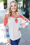 Explore More Collection - Rust & Oatmeal Plaid Floral Color Block Notch Neck Top