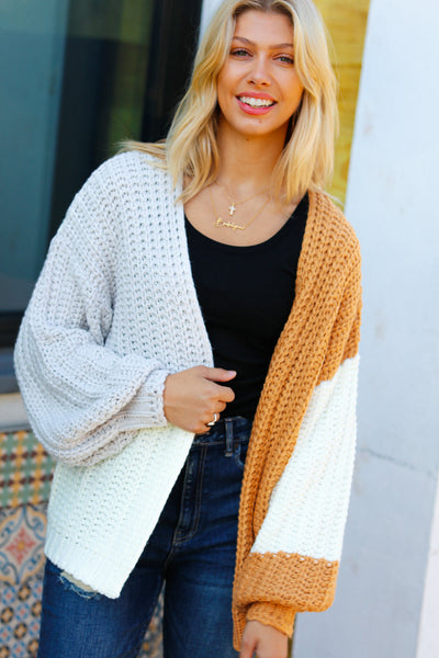 Explore More Collection - Face The Day Camel Color Block Chunky Knit Cardigan