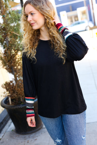 Explore More Collection - Dream On Black Multicolor Stripe Banded Puff Sleeve Top