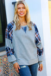 Explore More Collection - Face The Day Grey/Navy Plaid Thermal Raglan Pullover