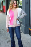 Explore More Collection - Pink & Taupe V Neck Color Block Sweater Top