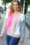 Explore More Collection - Pink & Taupe V Neck Color Block Sweater Top
