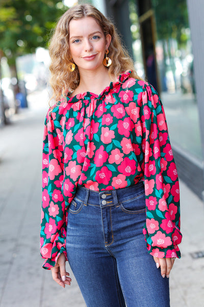 Explore More Collection - Your Best Days Magenta & Hunter Green Floral Print Frill Neck Top