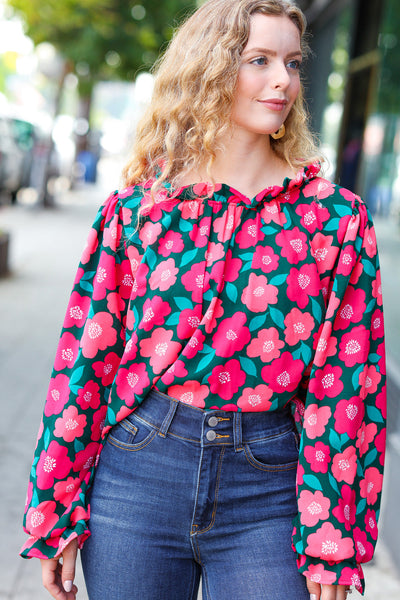 Explore More Collection - Your Best Days Magenta & Hunter Green Floral Print Frill Neck Top