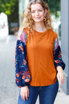 Explore More Collection - On Your Way Rust & Navy Floral Textured Hacci Top